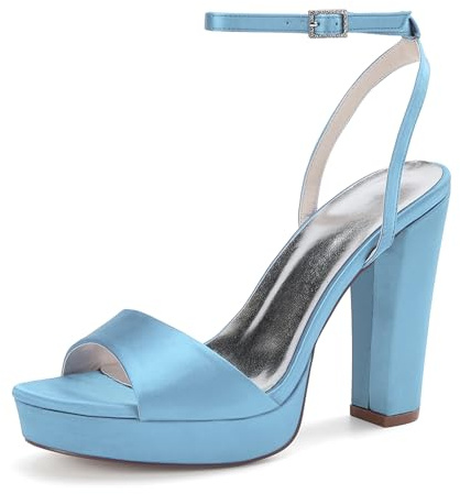 LRMYMHY Chaussures de mariée Femmes Satin Talon Bloc Peep Toe Plate-Forme Bride Cheville Chaussure de Soirée Mariage Bal,Sky Blue,37 EU