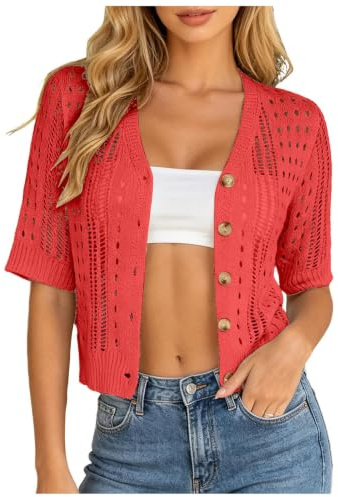 Cardigan Court Femme Col V Manches Courtes Tricot Ajouré Boutonné Léger Respirant Cropped Gilet Veste d'Été Plage Vacances Sorties Quotidiennes