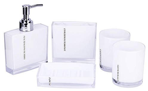 Badezimmer Accessoires Set 5-teilig Acryl Seifenspender, Zahnbürstenhalter, Seifenschale, 2 Zahnputzbecher, Weiß