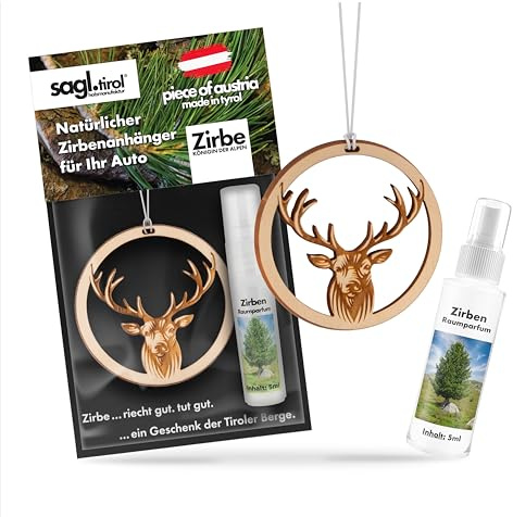 sagl.tirol Auto Duft aus Zirben Holz inkl. Zirben Raum Parfüm 5ml I verschiedene Motive I natürlicher Auto Duftbaum I Auto Duft Innenraum I Auto Lufterfrischer I Autoduft I Hirsch
