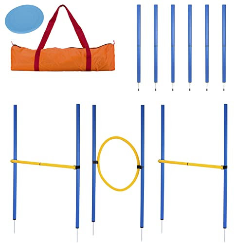 valuents Slalom Stangen mit 2 Hürde + 1 Ring - blau/gelb - Slalomstangen/Hindernis/Sprungring – Agility Set für Hunde – Hundetraining Zubehör – Fußball Traininigsset - Plus: Frisbee