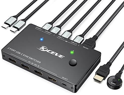 USB C KVM Switch para 2 computadoras portátiles 4K@60Hz, USB-C Switch KVM comparte 1 monitor HDMI y 4 puertos usb, carga 100w, control remoto por cable y 3 cables