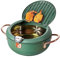 Tempura Covered Deep Fryer with Thermometer, Oil Drip Rack and Lid, 14cm/5.5 Inch Green Stainless Steel Deep Fry Pot, Japanese Style Uncoated Frying Pan for Kitchen French Fries, Fish, Shrimp