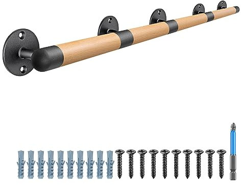 SELEWARE 67 Inch Wood Handrail Indoor Stairs Handrail Wall Mount Handrails w/Sturdy Metal Barckets, Barrier-Free Staircase Grab Bar for Elderly, 1.3 Inch Round