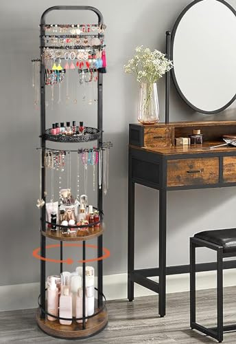 Jewelry Holder Organizer, Floor Jewelry Organizer with Earring Organizer Necklace Holder, Rotating Jewelry Stand Necklace Display Earring Storage, Large Hanging Jewelry Tree for Jewlery Bracelet Ring