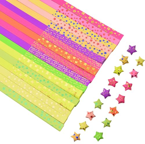 URROMA Strisce di carta a forma di stella, 760 pezzi, dorate, fluorescenti, origami, stelle portafortuna, motivo inglese con quattro foglie d'erba, motivo inglese per artigianato, stelle di carta