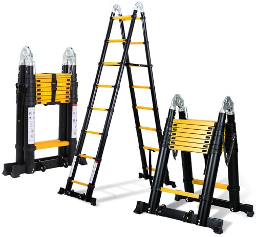Ikodm Échelle télescopique pliante en aluminium - 5 m - Avec doubles roulettes amovibles - Charge maximale : 150 kg - Multifonction - Antidérapante - Noir et jaune
