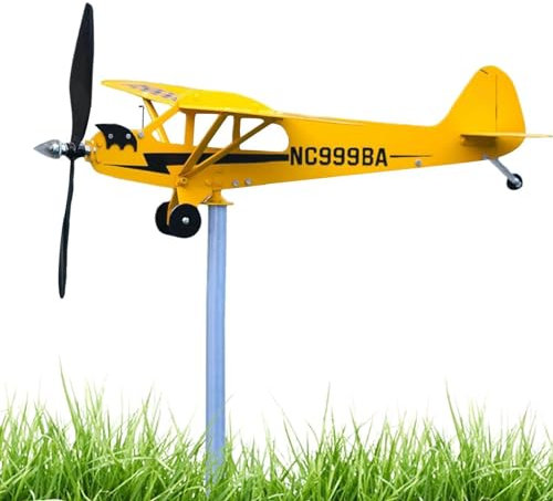 Linsition Piper J3 Cub Airplane Weathervane | Metal Garden Wind Spinner | Airplane Wind Spinner, Rust & Weather Resistant, Yellow, Airfoil Blade Shape, For Yard, Garden, Patio Decoration