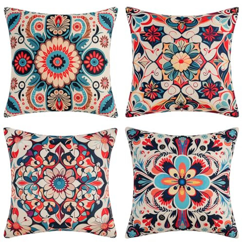 DakTou Kissenbezug 40x40 Boho Retro Bunt Ethno Floral Sofa Outdoor Kissen Sofakissen Dekokissen Kissenbezüge Leinen Kissenhülle für Sofa Couch Bett Garten Outdoor Home Decor 4er Set