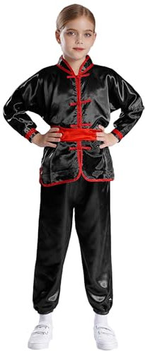 Yeahdor Kinder Mädchen Kung Fu Uniform Langarm Kung Fu Oberteile Mit Wushu Hose + Gürtel Chinesische Kampfsport Bekleidung Sets Schwarz 134-140