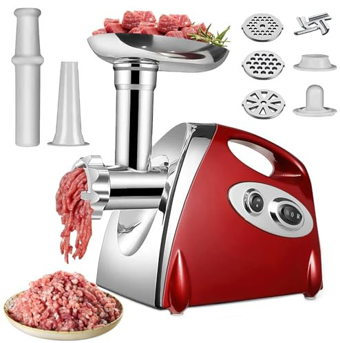 2800W Hachoir Viandes Électrique,3-IN-1 Hachoir à viande électrique Multifonction avec 3 Plaques De Coupe En Inox, Kubbe Et Tubes De Remplissage Pour Saucisses, pour Kebbés et Saucisses (Rouge)