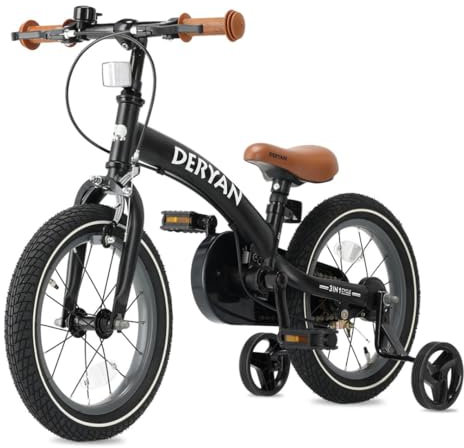 Deryan Luxus Kinderfahrrad 14 Zoll | 3 in 1 Laufrad | Fahrrad mit Verstellbarem Sattel und Lenker | Kinder Fahrrad für Jungen und Mädchen | Schwarz