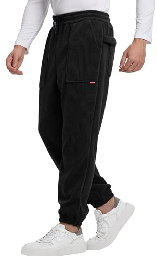 Misfuso Pantalon Homme en Velours Côtelé, Pantalon Cargo Homme Décontracté avec Cordon de Serrage, Pantalon Jogging Homme Taille élastique, Coupe Ample fuselée avec Poches Noir S