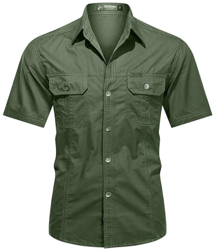 PADOLA Chemise Homme Manches Courtes Boutonnée Coton Chemisette Slim Fit Chemise Cowboy Cargo Chemises de Travail été Unie Chemisier de Plage Safari Militaire Tactique Shirt (6 Vert armée, XL)