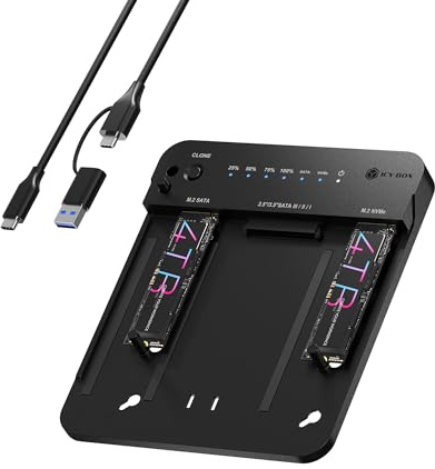 M.2 NVMe & SATA SSD/HDD Docking Station, ICY BOX USB-C 10 Gbps Dual Bay Hard Drive Clone Station & Reader (SATA 2.5/3.5 Inch & M.2 NVMe), Two-Way Cloning, Tool-Free External Adapter