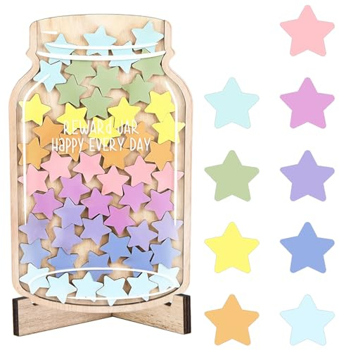 Reward Jar with Star Tokens, Reward Charts for Children Behaviour Star Reward Jar for Children Potty Train Tool Reward Board for Kids Home School Classroom (B)