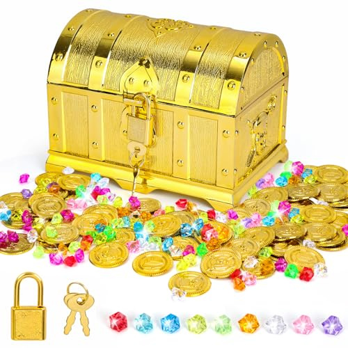 Coffre Au Tresor, Coffre Tresor Enfant avec Serrure et Clé, 50 PièCes D'or pour Enfants et 100 Pierres Précieuses pour Enfants, Coffre Pirates Enfant pour Ranger et Décorer
