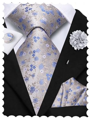 Hi-Tie Silver Blue Ties for Men Silk Mens Tie Floral Necktie Pocket Square Cufflinks Flower Lapel Pin Set for Business