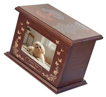 ULIJTH Elegante urna conmemorativa grabada para mascotas, para cenizas, pelos, dientes, con marco de fotos, almacenamiento de recuerdos de madera natural, caja conmemorativa