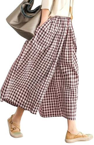 Rapbin Pantalones capri para mujer, de verano, 2026, de algodón, cintura elástica, a cuadros, pantalones casuales para mujer, pantalones ligeros, Café a cuadros, XL