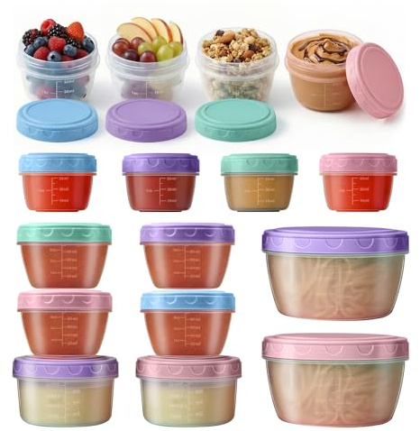 16 Piezas Envases Plastico 4 Tamaños con Tapa, Tapers Plastico con Marca Escala, Botes Pequeños Reutilizable, Contenedores Pequeños Congelador Superponible, para Mermelada, Ensalada, Fruta