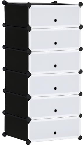 HOMCOM Scarpiera Modulare Salvaspazio con 6 Scatole 45x35x17 cm, Cubi Portaoggetti in Plastica PP e Acciaio, 49x36.5x108 cm, Nero e Trasparente
