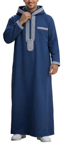 Musulmano Caftano Uomo Abiti Musulmani con Cerniera Moda Casual Vestiti Mezza Manica Thobe Oversized Tradizionale Retrò Ricamo Robe Islamico Abito Ramadan, O blu., L
