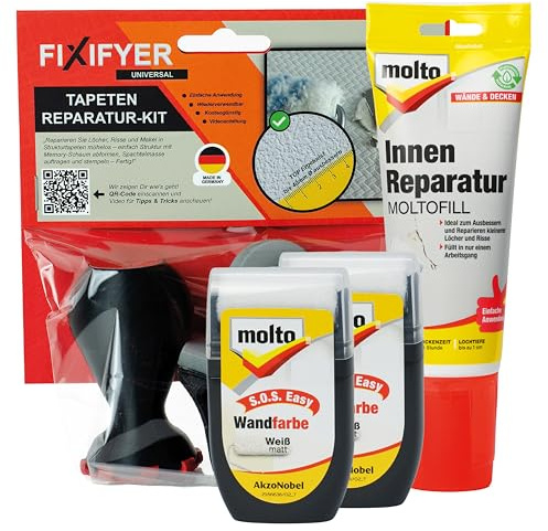 FIXIFYER Universal Reparatur-Set für Raufaser & Strukturtapeten + Molto Moltofill Innen-Reparaturspachtel + 2× Molto S.O.S. Easy Wandfarbe I Löcher & Risse in Strukturtapeten einfach ausbessern