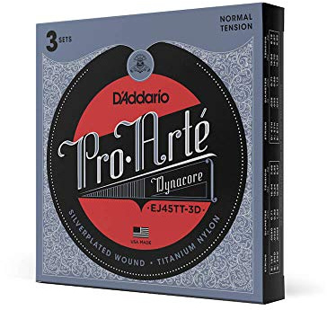D'Addario Guitar Strings - Pro-Arte Classical Guitar Strings - EJ45TT-3D Dynacore - Silver Plated Wrap, Composite Dynacore, Titanium Nylon Trebles - Normal Tension, 3-Pack