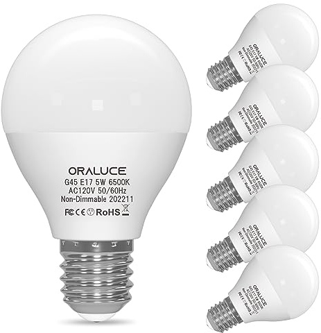 ORALUCE E17 LED Bulb 5 Watts Cool White 6500K, 40W Equivalent A15/G45 Globe Ceiling Fan Light Bulbs, 500 Lumens Non-Dimmable, 6 Pack