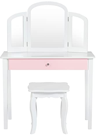 LIFEZEAL 2-i-1 sminkbord för barn, sminkbord för barn med avtagbar spegel och pall, toalettbord för flickor från 3 år, toalettbord, trä med lådor