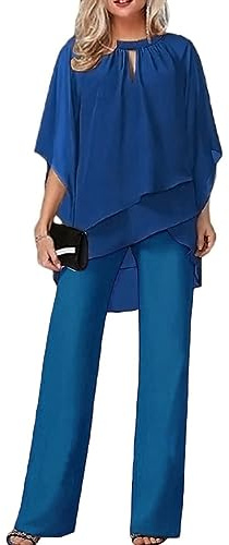 shownicer Completo Donna 2 Pezzi Set Vita Alta Pantalone e Tulle Camicia Elegante Completino Suit Due Pezzi Set Abbigliamento da Cerimonia Estivo Tuta per Ufficio Business OL A Blu2 L
