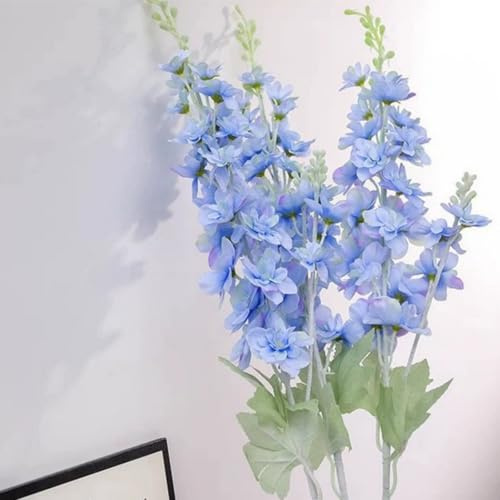 OUKEYI 34.6 Blue Artificial Delphinium Flowers, Long Stem Fake Flowers Vase Flower Arrangement for Home Office Garden Wedding Table Vase Decor 5pcs (Blue)