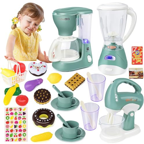 Kinderküche Spielset,Kinder Spielzeug ab 3 Jahre,Spielküche Küchenzubehör mit Kaffeemaschine, Mixer, Rührgerät,Küchenspielzeug Rollenspiele Geschenke für Mädchen Jungen 3 4 5 6 Jahre