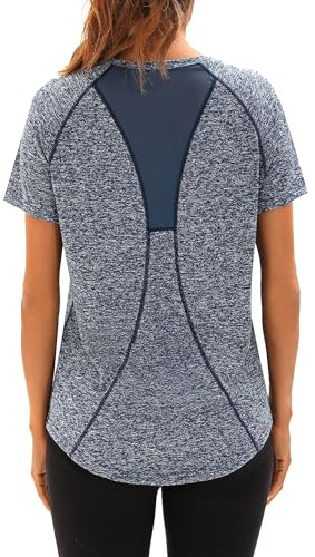 Wayleb Sportshirt Damen Kurzarm Fitness T-Shirt V Ausschnitt Atmungsaktiv Funktionsshirt Laufshirt Leicht Tennis Tshirt Gym Running Oberteile Fitnessshirts Tops Locker, Navy blau XL