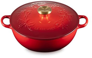 Le Creuset Enameled Cast Iron Holly Collection Soup Pot, 4.5 qt., Cerise with Gold Knob