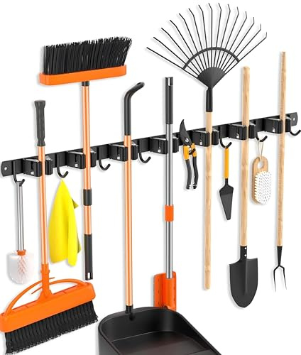 TOJ Living Besenhalterung Wand - Gartengeräte - Besen Halterung - Wandhalterung Besen - Gerätehalter - 7 Halterungen - 8 Haken - 82CM - Edelstahl - Schwarz