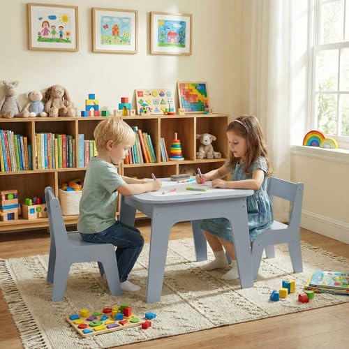 MAMIZO Mesa Infantil con 2 sillas, Doble tableros de Mesa, Grupo de Asientos y Silla con Espacio de Almacenamiento, Mueble Infantil para Habitación, Kindergarten, Sala Juegos, Azul
