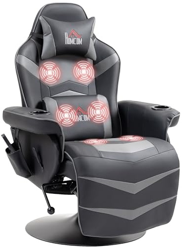 HOMCOM Massage Gaming Chair Swivel with Retractable Footrest Headrest Grey | Racing Video Gaming Recliner, Cup Holders and Side Pockets, Ergonomic High Back PU Leather Executive Desk Chair