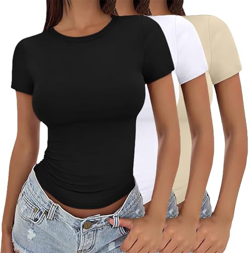 3 Pack Short Sleeve Tops For Women Uk 2025 Fashion Solid Color Crew Neck Shirt Summer Lightweight Slim Fit Y2K Basic Tops Soft Comfortable Double Lined Top Stretch Tight Crop Tee Pullover T-Shirts