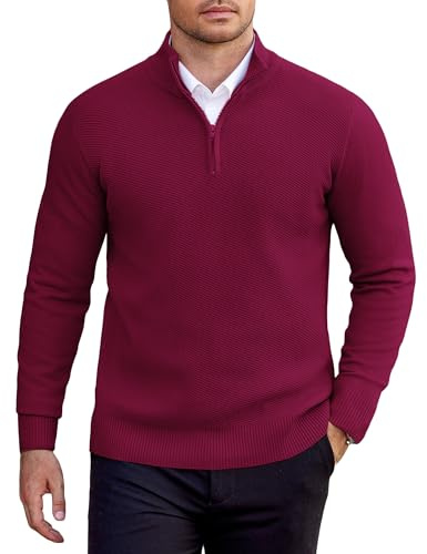 COOFANDY Pull Camionneur Homme Hiver Col Roulé Pulls Manches Longues Tricoté Chaud zippé Sweater Hommes avec Col Montant Rouge Vin XXXL
