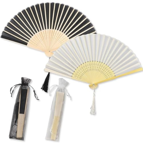 2 stycken handsolfjädrar i svart och vit, orientalisk med enskilda tyllfickor