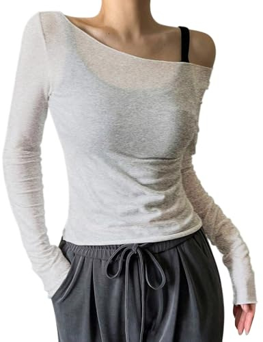 Clothes Women's Transparent Mesh Off The Shoulder Tops Long Sleeve Transparent Shirts Going Out Party Club Outfits Chinese Blouse Women, White, XL