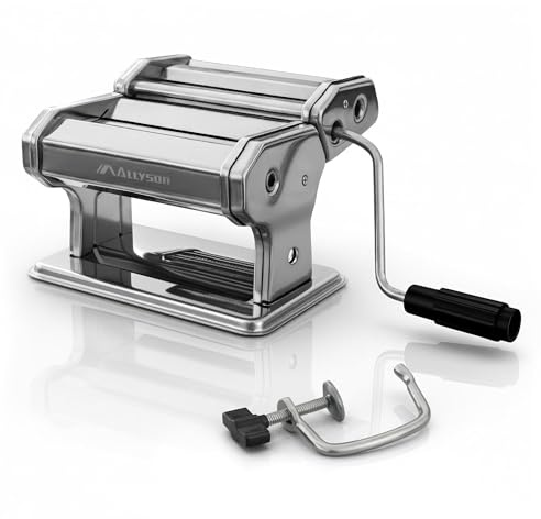 Allyson® Nudelmaschine Manuell Edelstahl – Pastamaschine mit 9 Einstellbaren Stärken & Tischklemme – Robuster Nudelschneider für Lasagne, Spaghetti, Tagliatelle & Frische Hausgemachte Pasta