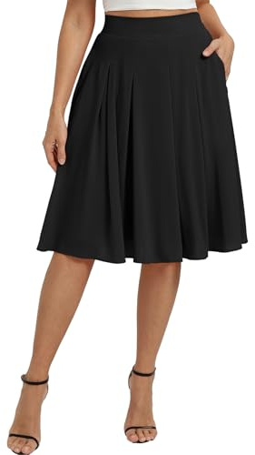 Belle Poque Women High Waist Pleated A Line Skirt Below Knee Length, Flowy Dressy Casual Chiffon Skirts with Pockets Black S