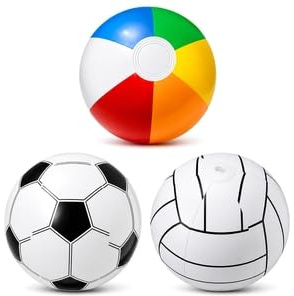 ERQUET 3Pcs 11 Inch Inflatable Beach Balls, Three Colourful Inflatable Pool Toys, Including OneMulticolour Balls,One Football Design and One Volleyball Design, for Party, Summer Games, Birthday
