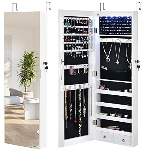 COSTWAY Verspiegelter Schmuckschrank mit 6 LED-Leuchten & 2 Schubladen, Schmuck Hängeschrank abschließbar, Sipegelschrank Schrank Wand- / Türmontage (Weiß)
