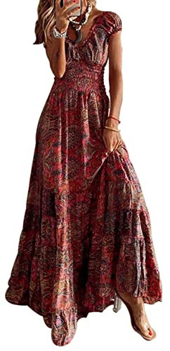 ABYOVRT Sommer Kleider Damen Sommerkleid Boho Lang Kleider Böhmisch Blumen Strandkleid V-Ausschnitt Freizeitkleider Kurzärmelig Maxikleider,Rot,L