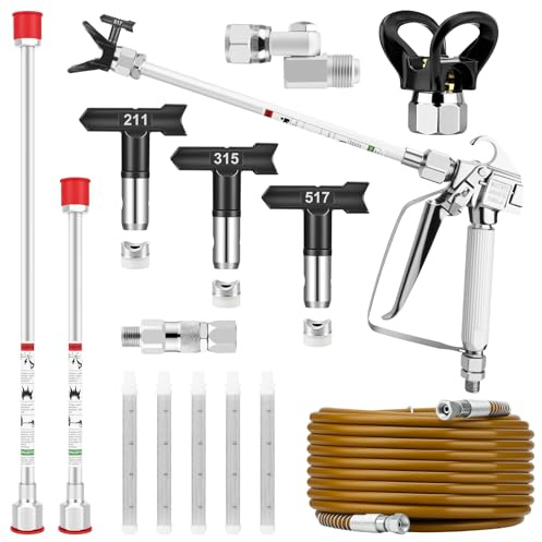 15Pcs Airless Spray Gun Kit, 3600PSI Airless Paint Sprayer Gun with 25FT High Pressure Hose & 3 Spray Tips & 2 Tip Extension Wand & 5 Filters & Tip Guard & Spray Gun Swivel Joint & Hose Swivel Joint