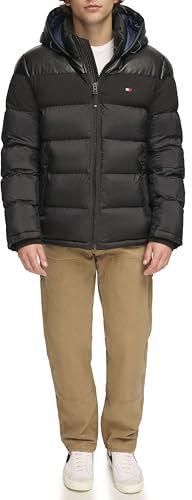 Tommy Hilfiger Men's Hooded Puffer Jacket, Black/Faux Leather, M